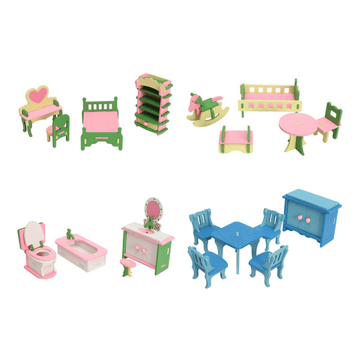 4 Sets of Delicate Wood Dollhouse Furniture Kits for Doll House Miniature