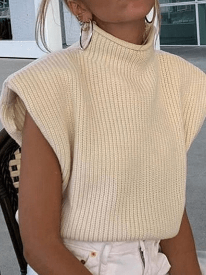 Women High Neck Solid Color Shoulder Padded Cap Sleeve Knitted Sweaters