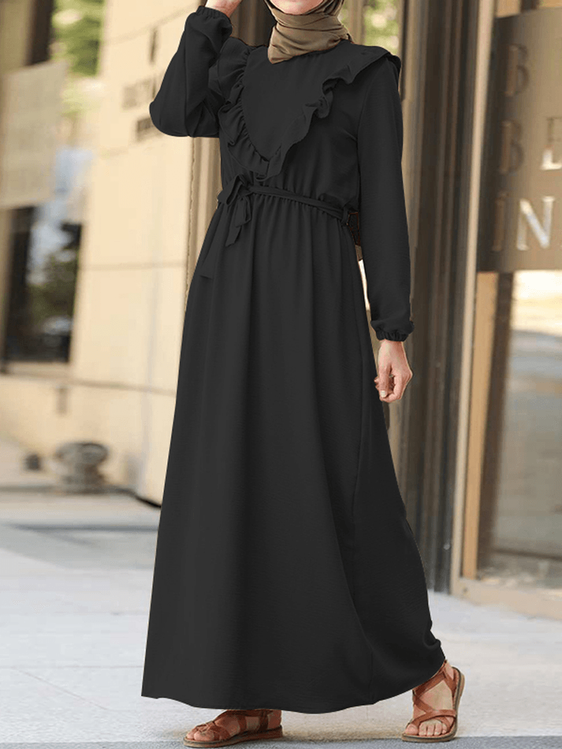 Women Ruffle Trims Lace-Up Solid Color O-Neck Casual Long Sleeve Maxi Dress