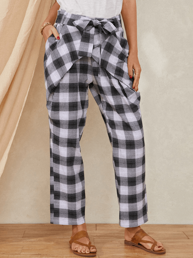 Plaid Print Knotted Pocket High Waist Loose Casual Pants for Women