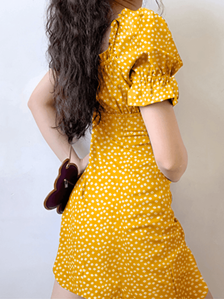 Floral Print Square Collar Pleating Short Sleeve Mini Dress