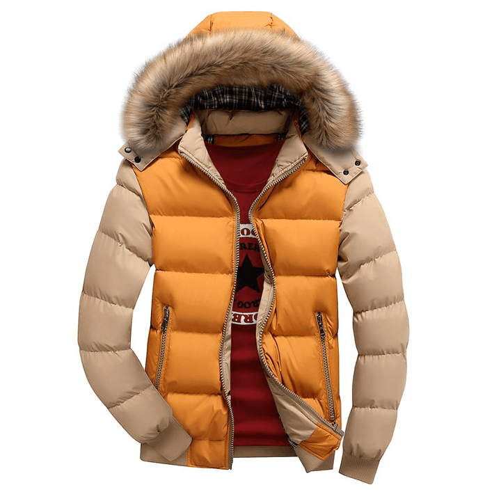 Mens Thick Warm Coat Color Splicing Detachable Hooded Puffer Jacket - MRSLM