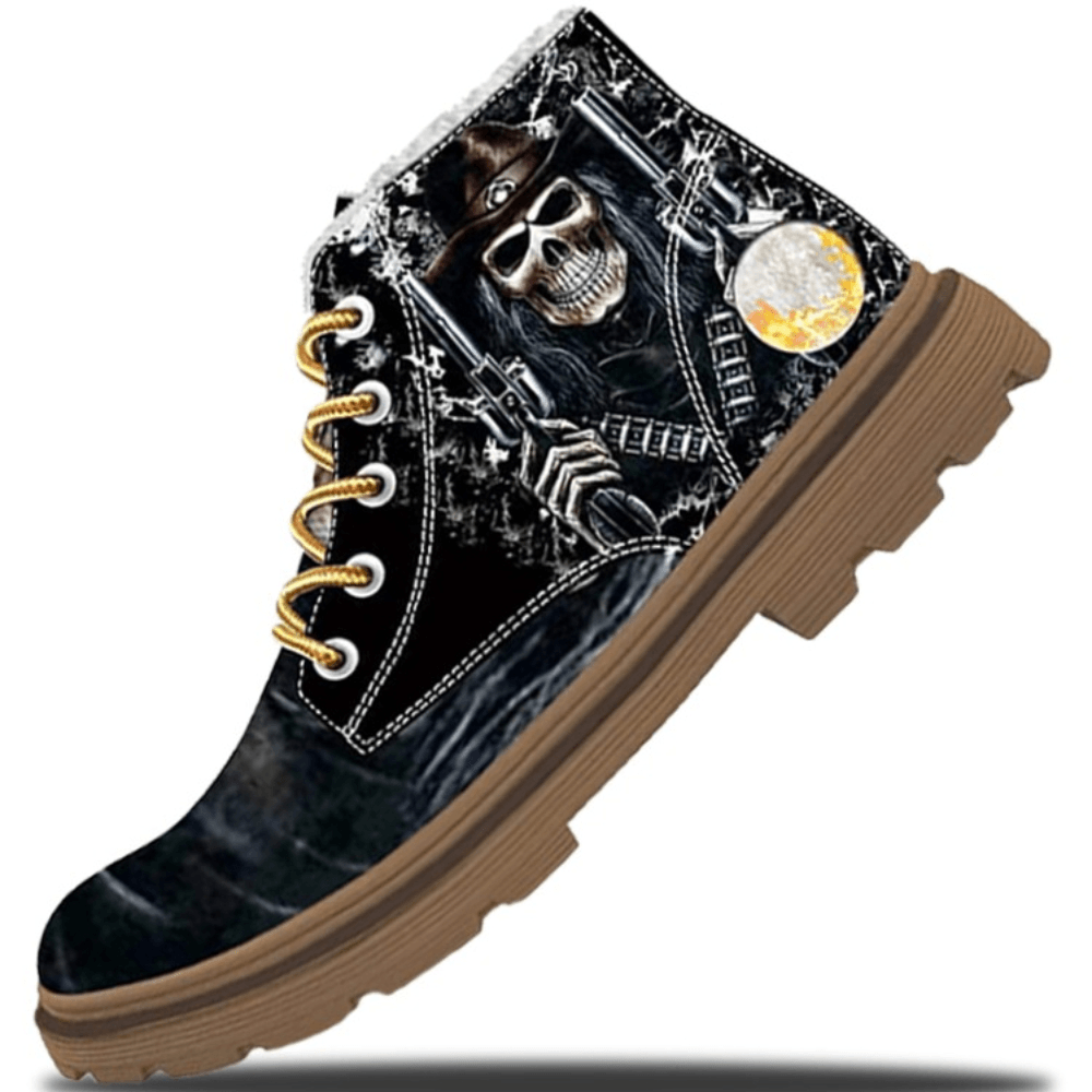 Men Leather Halloween Funny Skull Printing Non Slip Comfy Casual Martin Ankle Boots