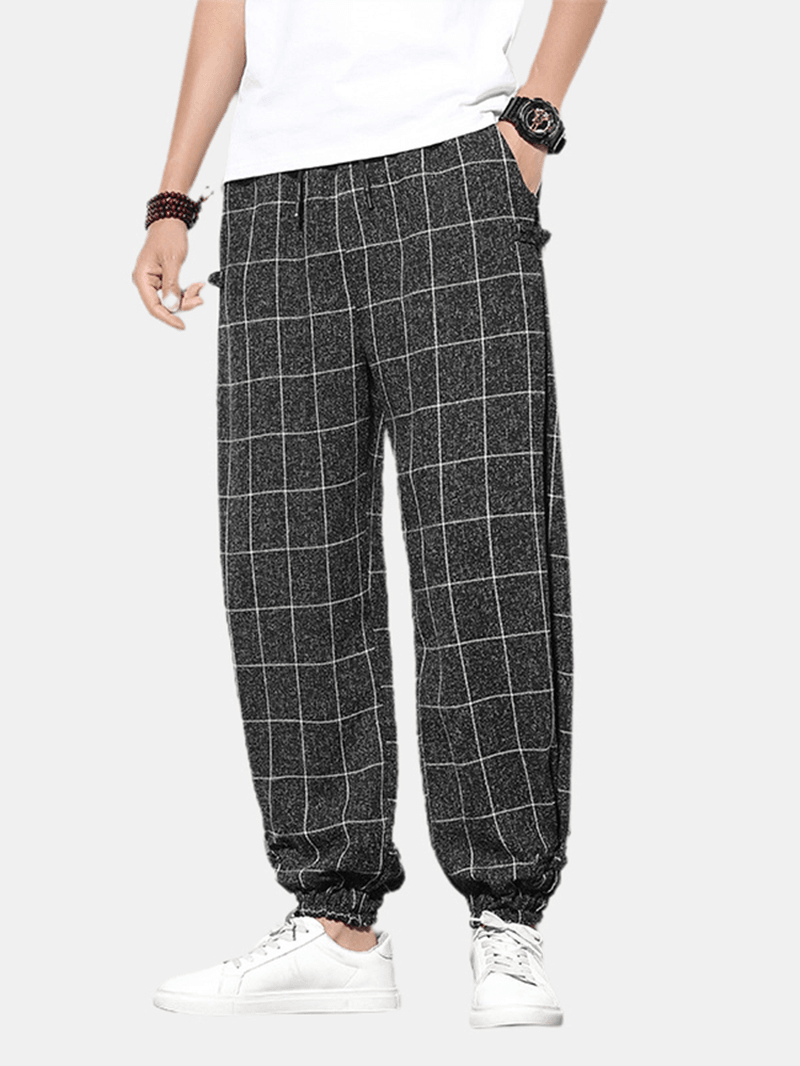 Mens Plaid Print Buckle Casual Elastic Waist Drawstring Beam Feet Pants