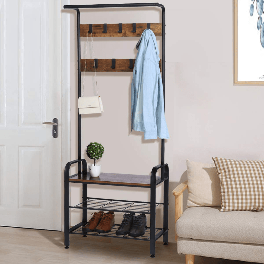 4-In-1 Coat Rack Hall Tree with Shoe Bench for Entryway Easy Assembly All in One Piece Industrial Accent Furniture with Steel Frame