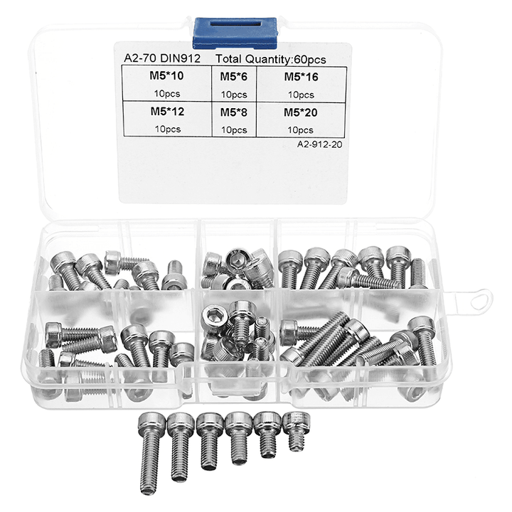 Suleve‚Ñ¢ M5SH1 60Pcs M5 Stainless Steel 6-20Mm Hex Socket Cap Head Screw Allen Bolt Assortment Kit