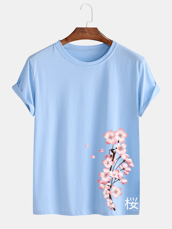 Mens Cherry Print Japanese Style O-Neck Short Sleeve T-Shirt