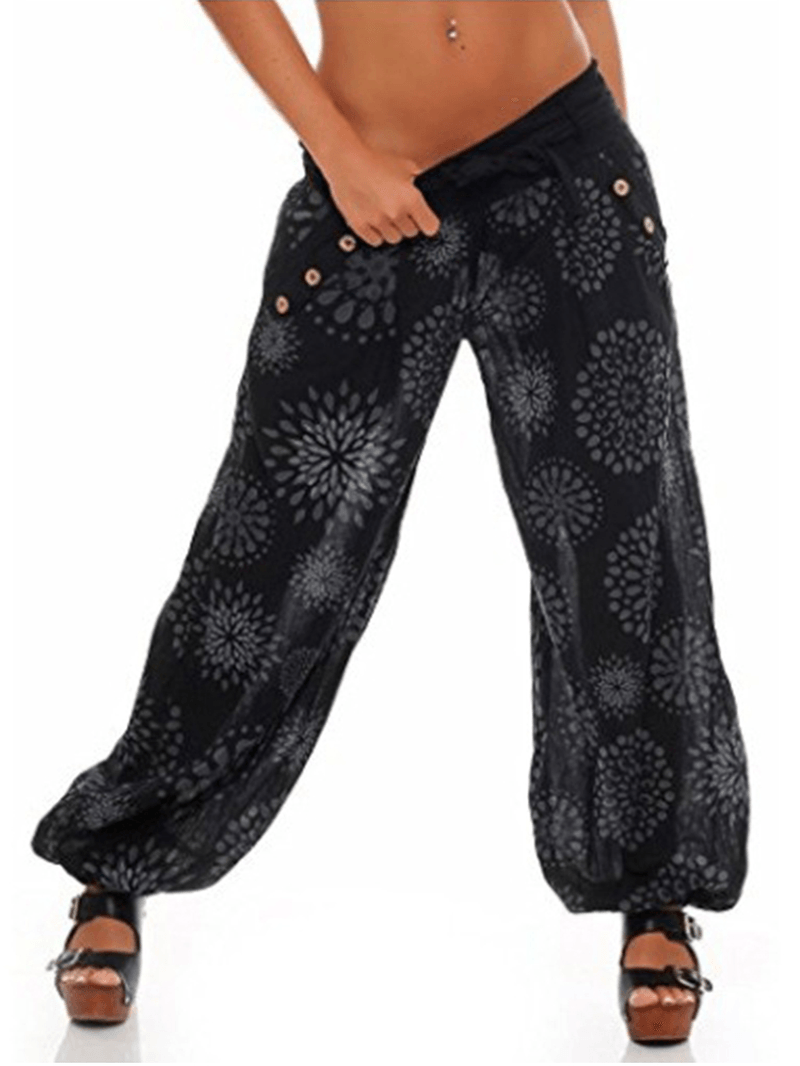 Printed Drawstring Elastic Waist Button Decorated Loose Jogger Pants