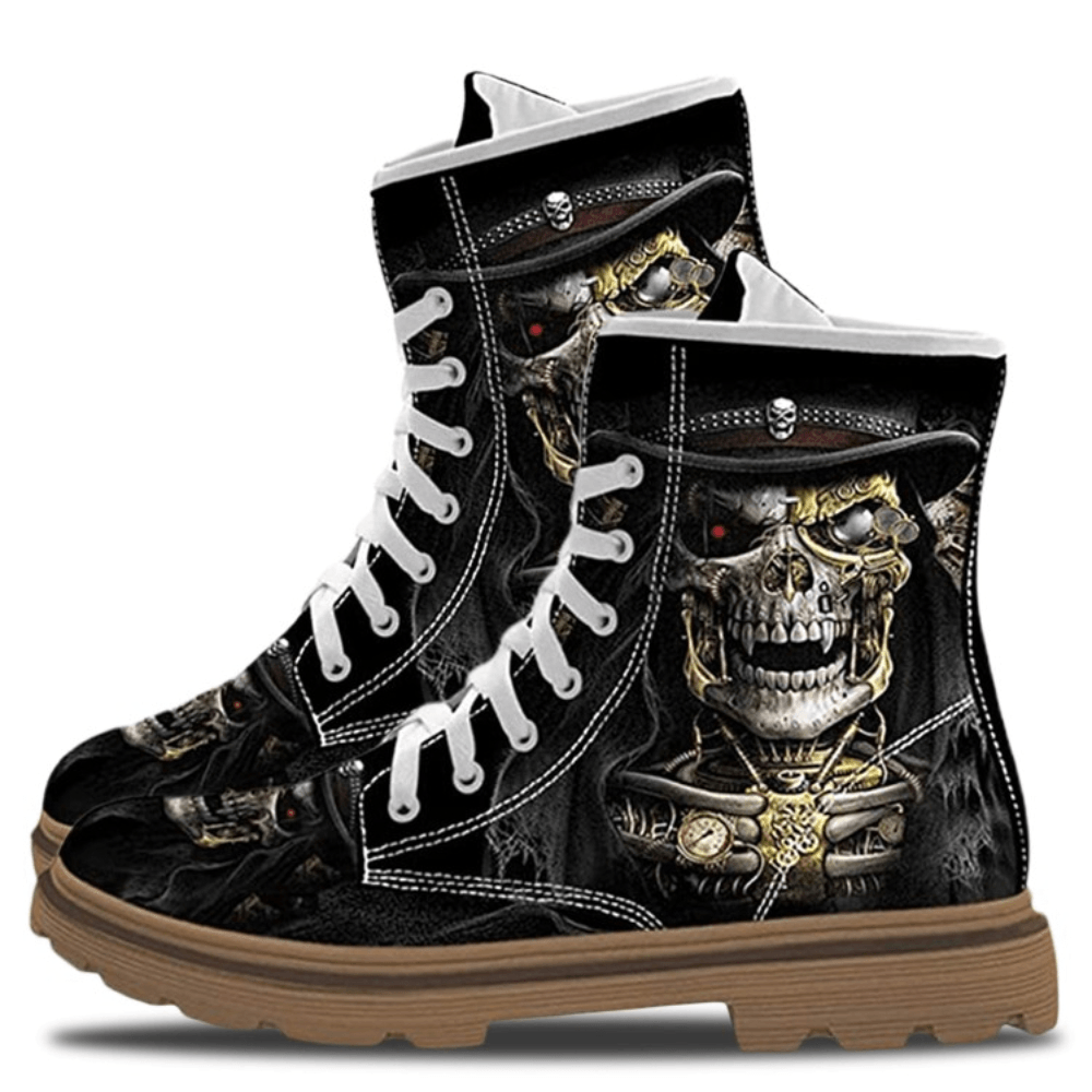 Men Leather Halloween Soft Sole Funny Skull Printing Lace up Casual Martin Ankle Boots