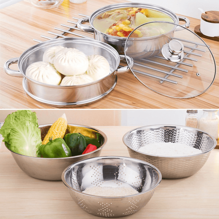 6Pcs/Set Stainless Steel Outdoor Cookware Combination Pot Anti-Corrosion Lightweight Steamer Fruit Basin for Camping Hiking Household