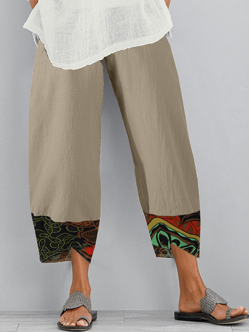 Ethnic Print Patchwork Elastic Waist Side Pocket Irregular Hem Pants for Women