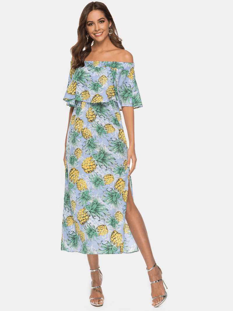 Women off Shoulder Floral Print Split Causal Midi Dress