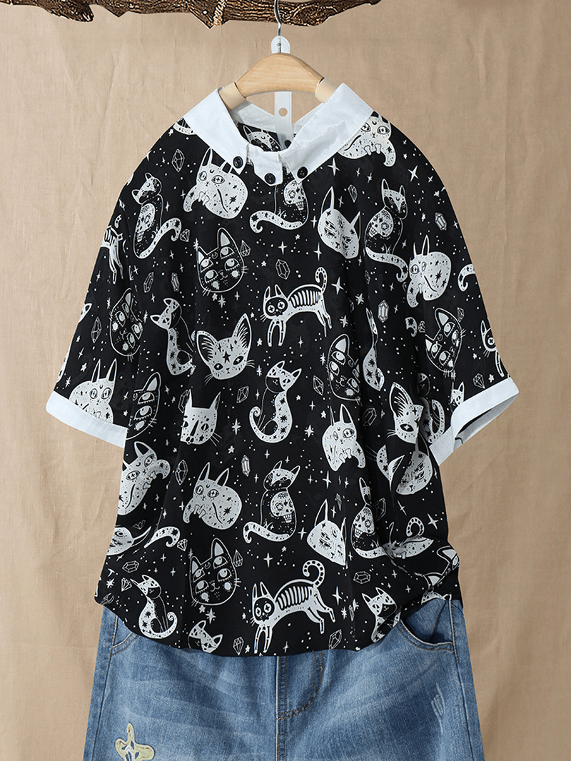 Cold Shoulder Cat Print Blouse - MRSLM