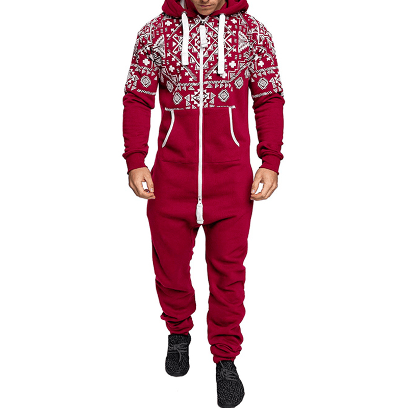 Mens Casual Hooded Loungewear Pure Color Siamese Jumpsuit