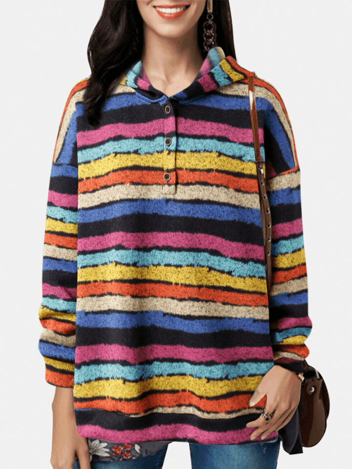 Women Half Button Colorful Horizontal Stripe Long Sleeve Casual Hoodies