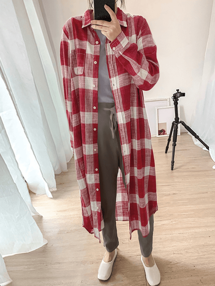 Women Plaid Commute Business Outer Wear Bottom down Front Loose Shirt Dress Cardigans - MRSLM