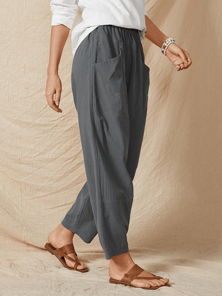 Pure Color Elastic Waist Pocket Plain Casual Cotton Women Harem Pants