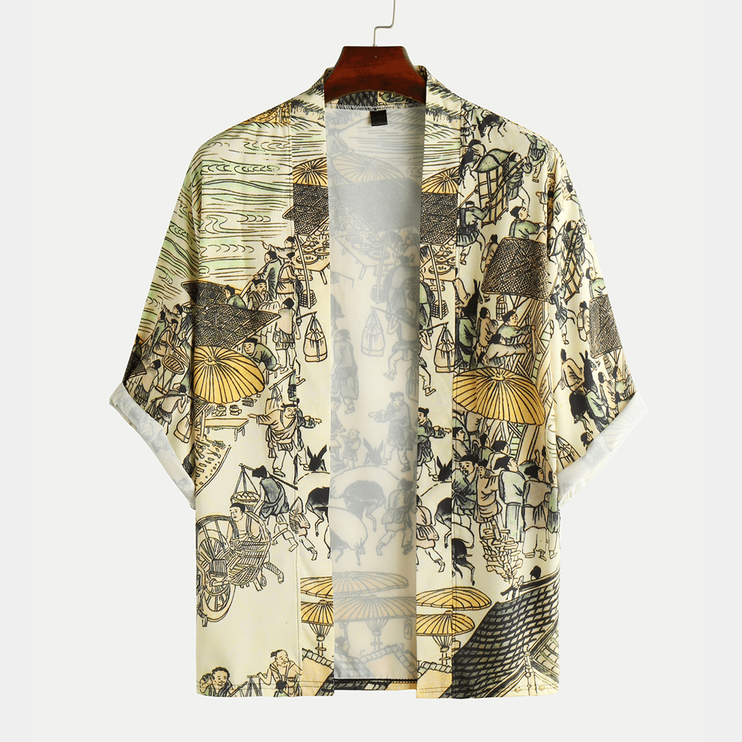 Men's Ethnic Style Half Sleeve Open Casual Shirts with Character Prints