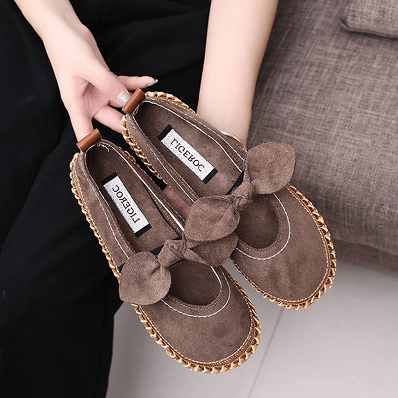 Women Bowknot round Toe Slip-On Suede Outdoor Flat Casual Shoes