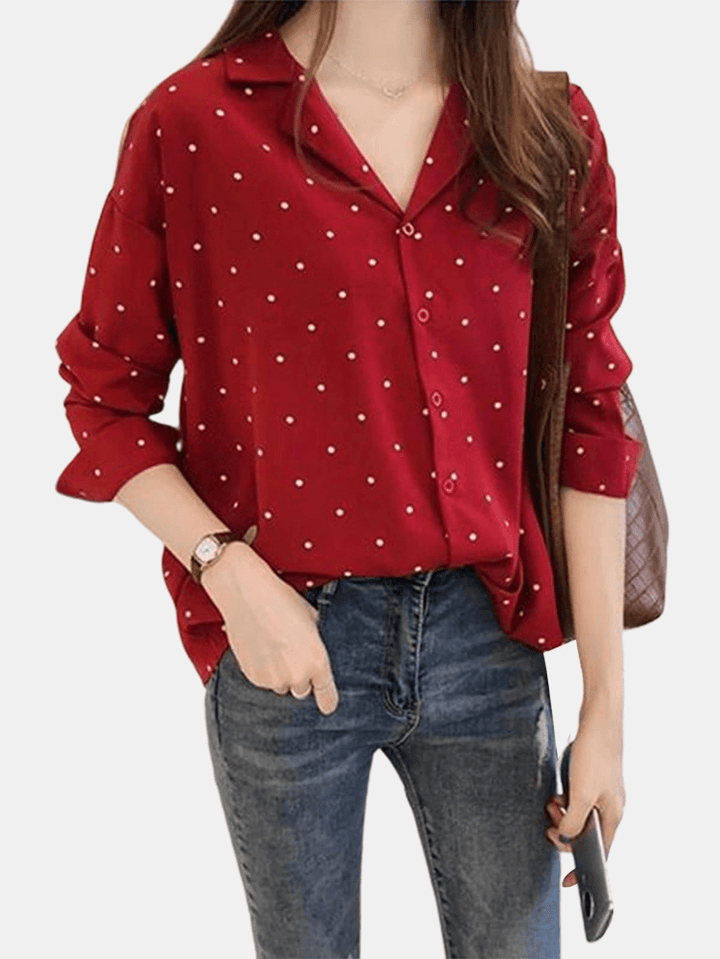 Polka Dot Print V-Neck Long Sleeve Casual Blouse