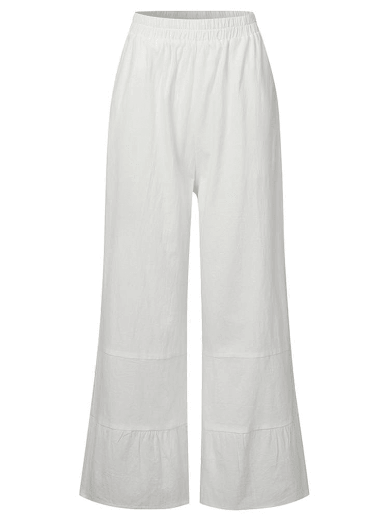 Women Cotton Plain Ruffle Cuff Elastic Waist Loose Casual Solid Wide Leg Pants