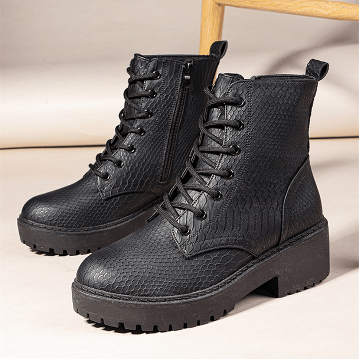 Women Wearable Serpentine Lace up Chunky Heel Combat Boots