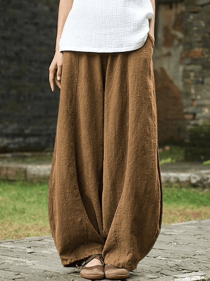 Cotton Linen Solid Color Elastic Waist Loose Casual Pants with Pocket - MRSLM