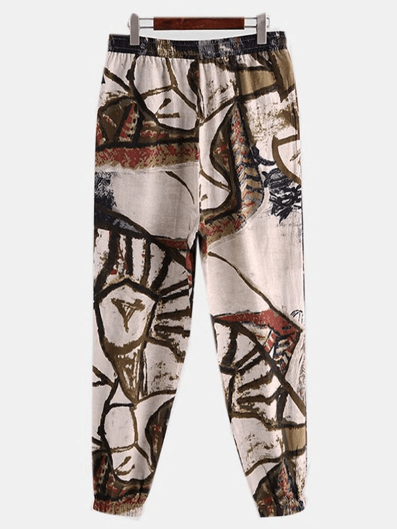 Ethnic Graffiti Print Drawstring Pocket Elastic Waist Harem Pants for Women