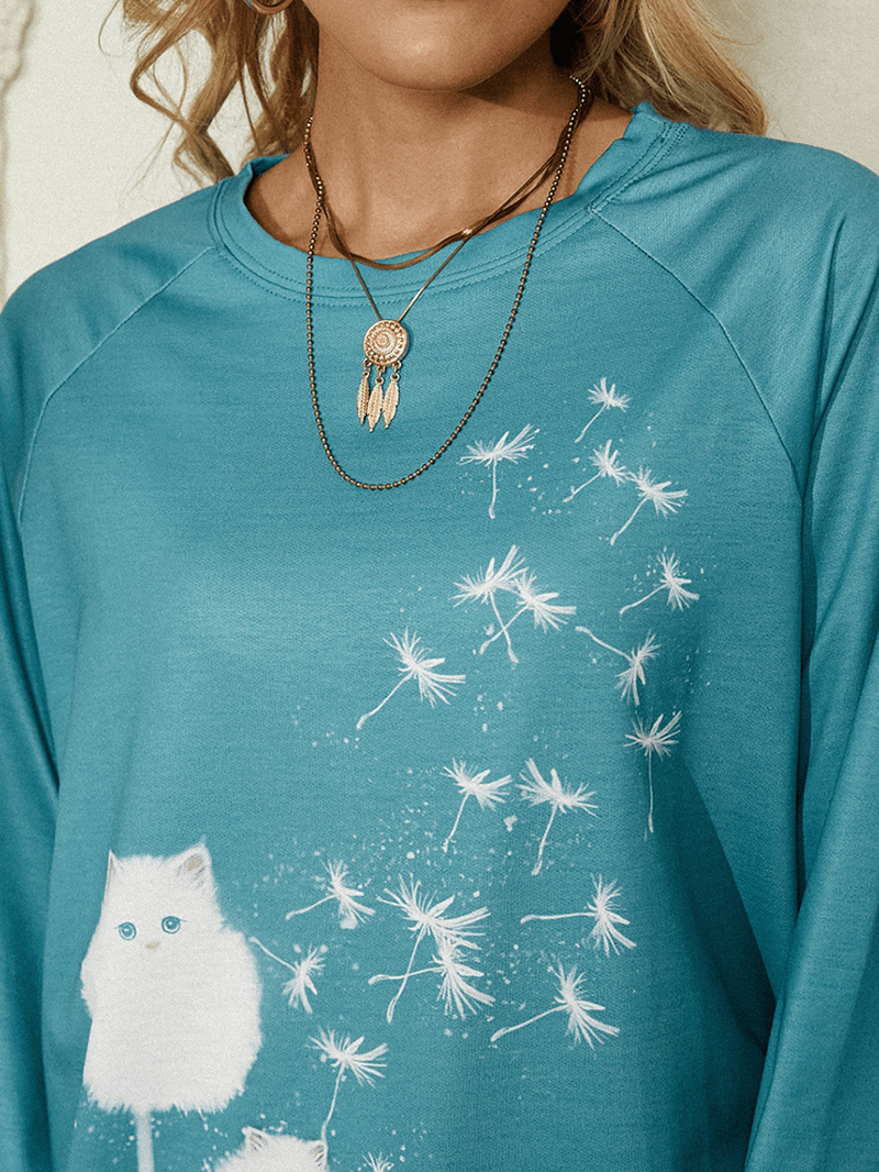 Women Cute Cat Dandelions Print round Neck Long Sleeve Casual Sweatshirt