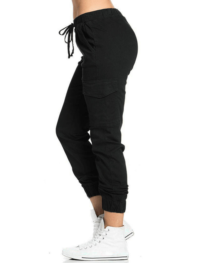 Women Casual Elastic Waist Drawstring Side Pockets Pants