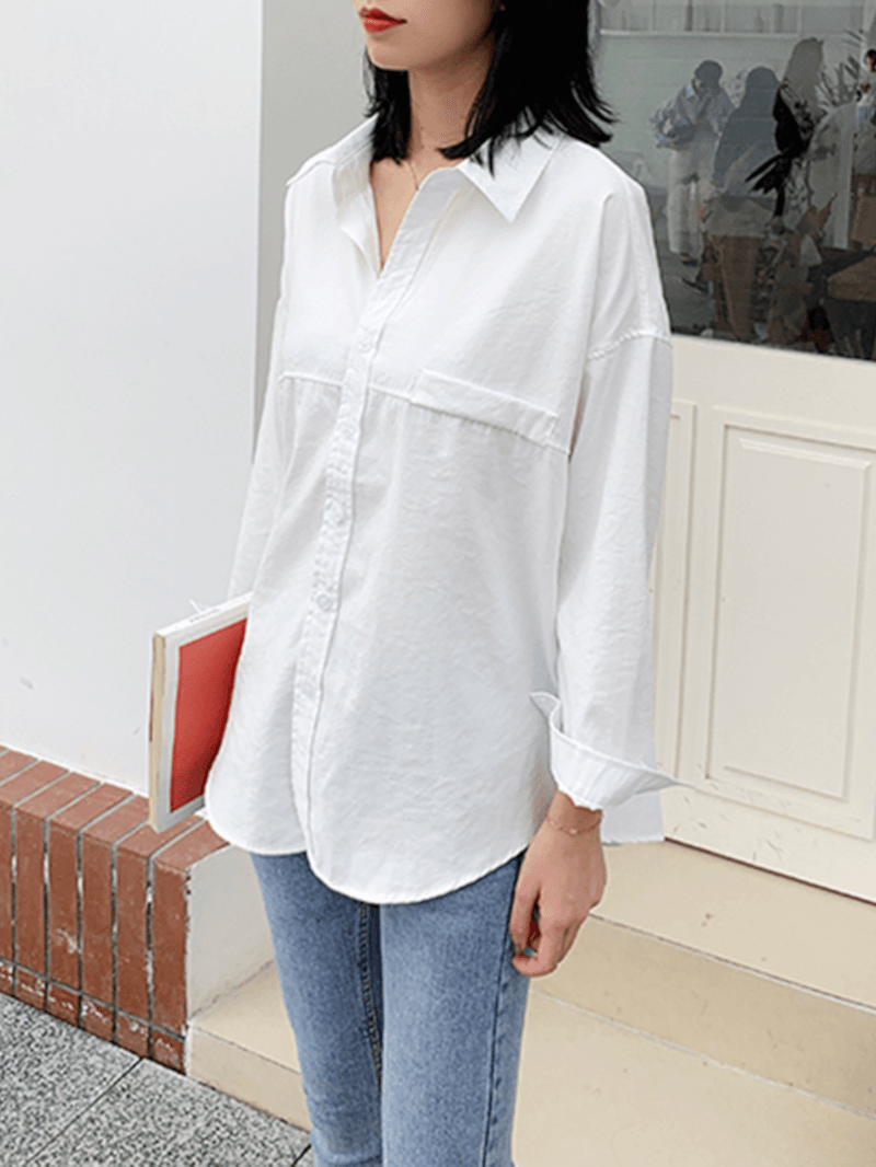 Solid Color Lapel Long Sleeve Plain Daily Casual Shirts for Women