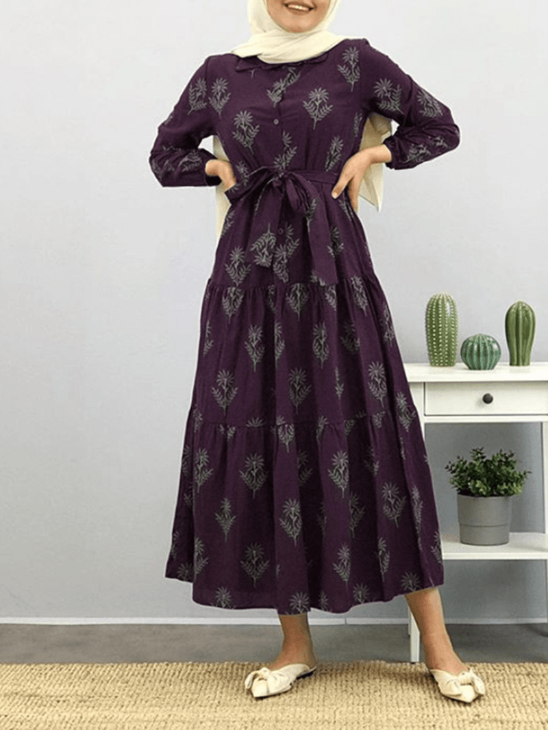 Women Floral Print Lapel Puff Sleeve Kaftan Maxi Dress with Belted - MRSLM