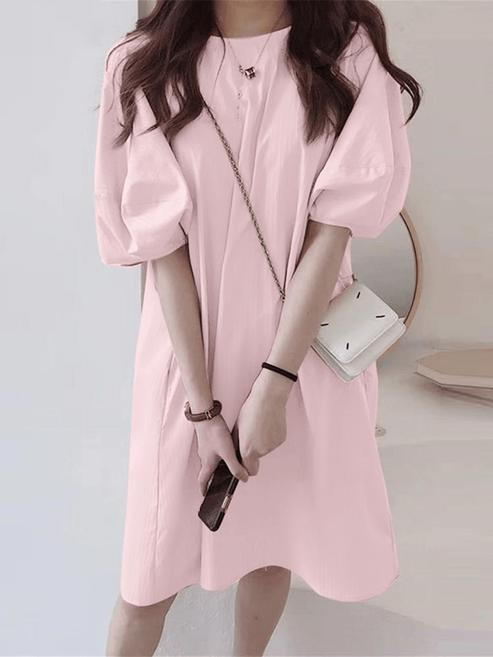 Women 100% Cotton Solid Puff Sleeve Bohemian Style Dress