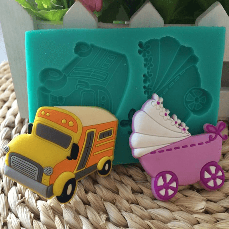 Baby Carriage Trolley Car School Bus Vehicle Silicone Wedding Cake Mold Decorating Mould