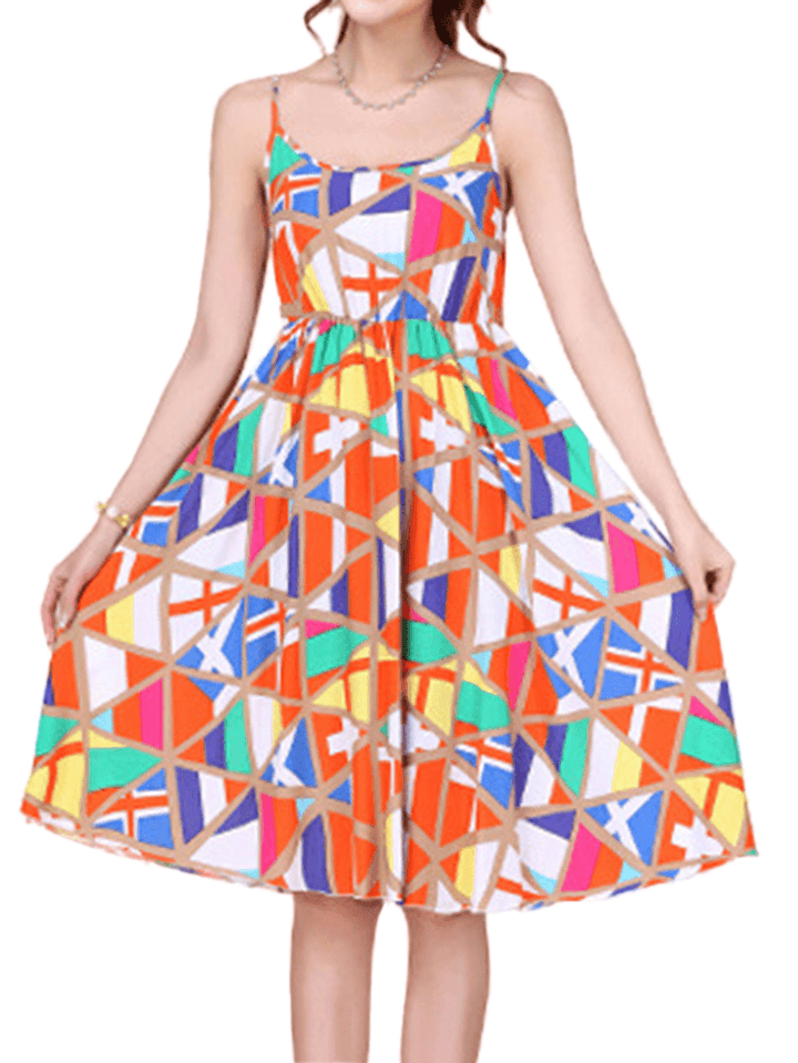 Bohemian Women Strap Flower Pattern Printing Beach A-Line Dress - MRSLM