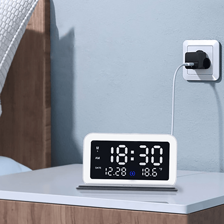 6 in 1 LED Electric Alarm Clock Thermometer Digital Multifunction Night Light Clock with Mobile Phone Wireless Charger Home Office Supplies