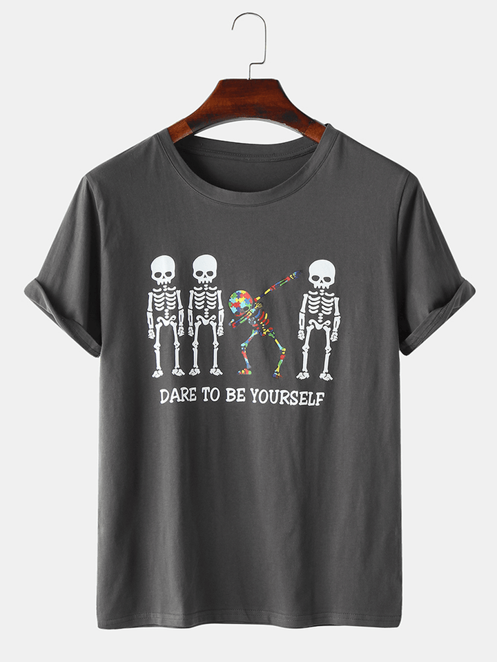 Mens Design Slogan Print Skeleton Pattern Short Sleeve T-Shirts