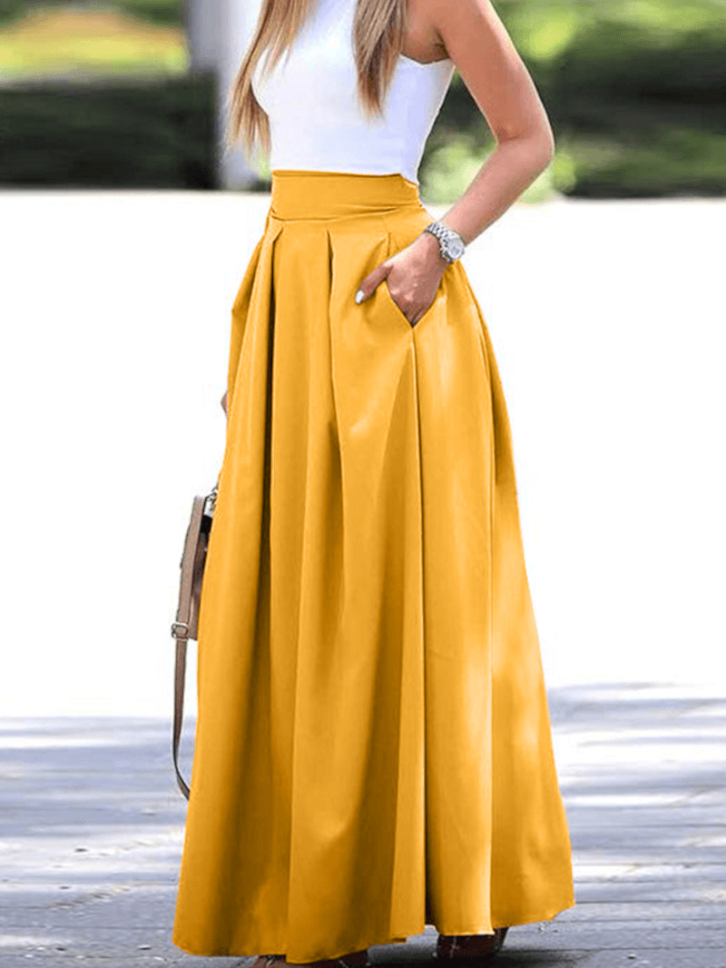 Women Solid Color High Waist Big Swing Zipper Casual Loose Long Skirt with Pocket