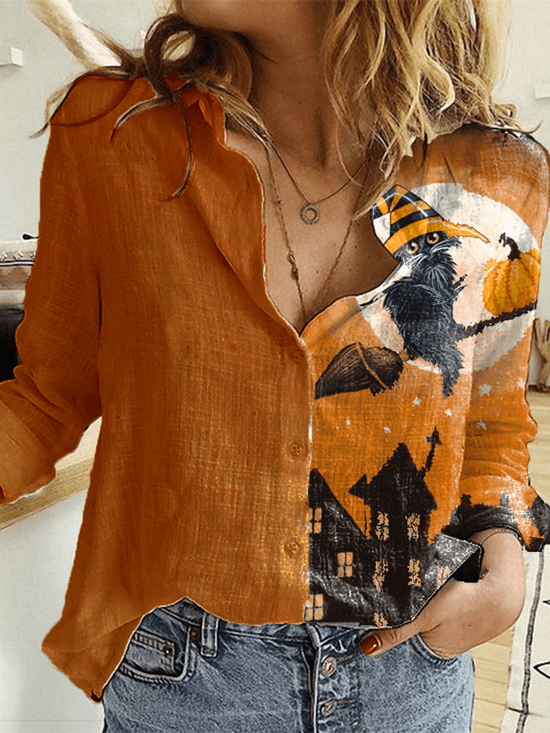 Halloween Printed Long Sleeve Turn-Down Collar Patchwork Shirts for Women