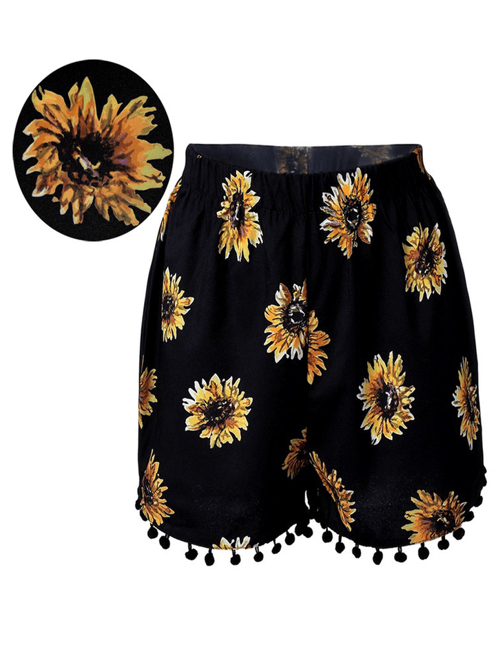 Women Elastic High Waist Sunflower Printed Shorts Casual Beach Shorts