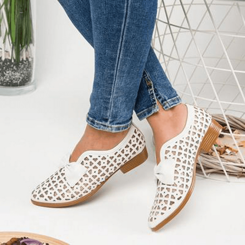 Plus Size Women Casual Butterfly Knot Hollow White Loafers