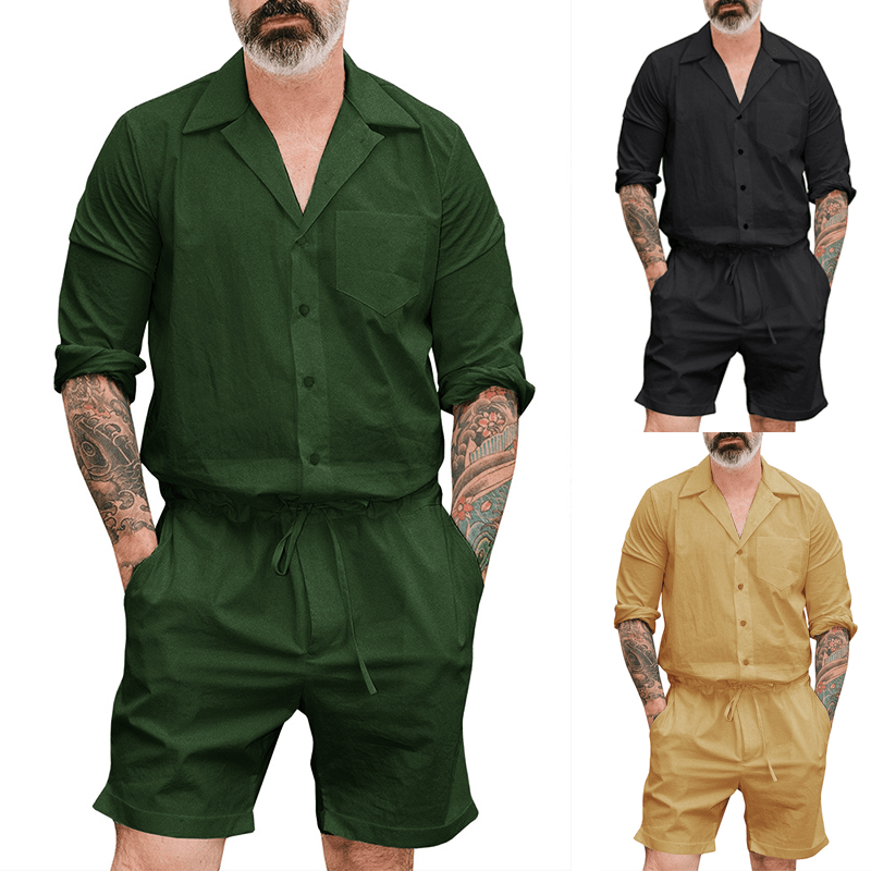 INCERUN Men Solid Color Drawstring Short Jumpsuit