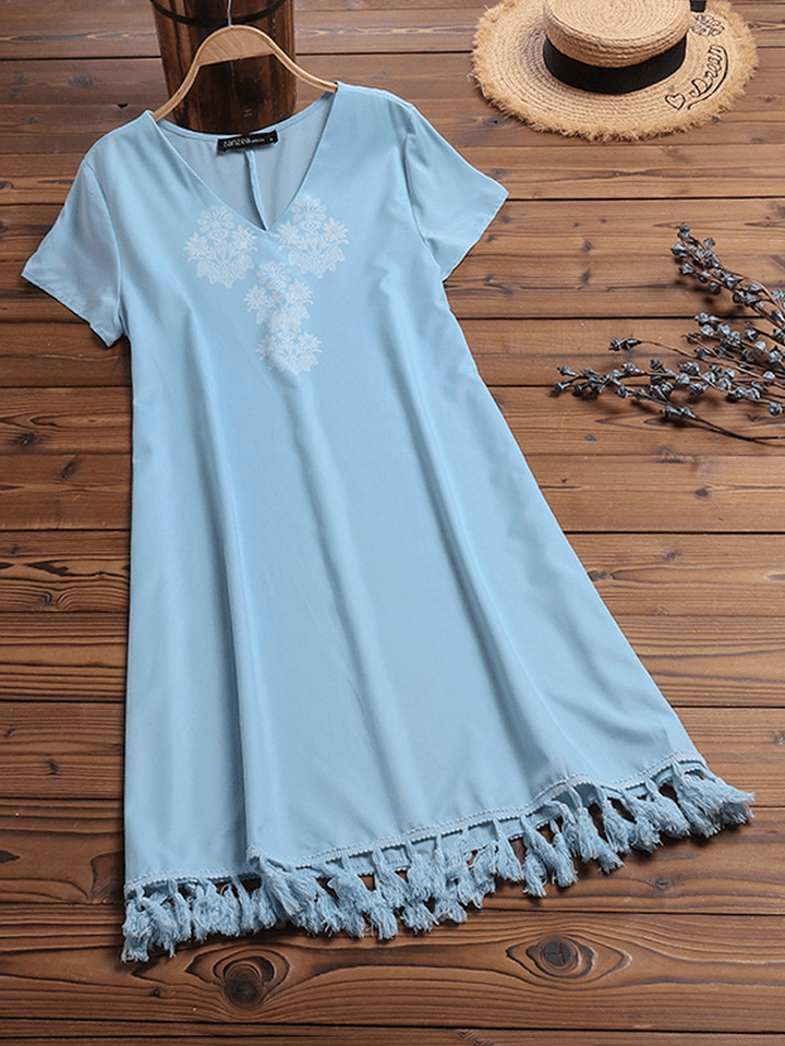 Women Short Sleeve Tassel Patchwork Casual Dress