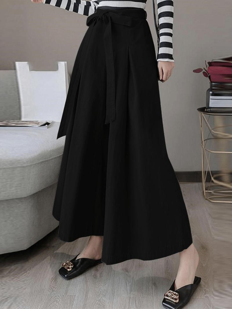 Women Solid Color Tie Front Casual Wide Leg Pants with Pocket