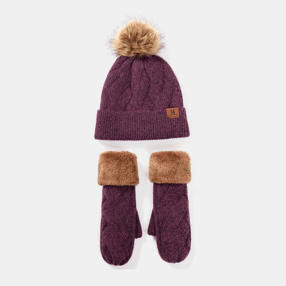 Women 2PCS Wool plus Thicken Warm Winter Outdoor Knitted Gloves Knitted Hat with Fluff Ball - MRSLM