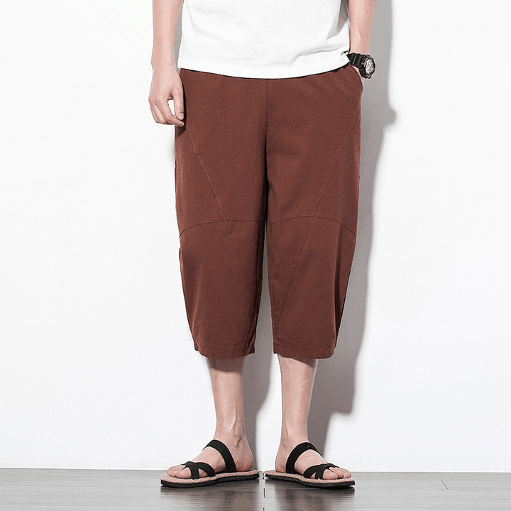 Mens Summer Vintage Linen Calf Length Casual Pants