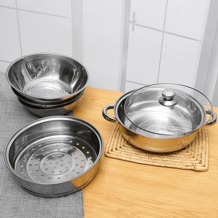 6Pcs/Set Stainless Steel Outdoor Cookware Combination Pot Anti-Corrosion Lightweight Steamer Fruit Basin for Camping Hiking Household