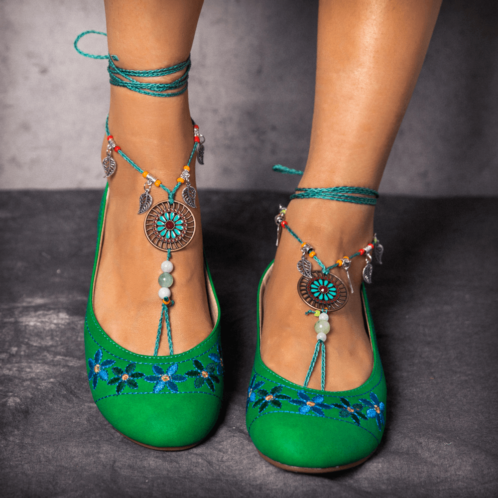 LOSTISY Beaded Chain Exotic Style Flower Embroidered Casual Green Loafers