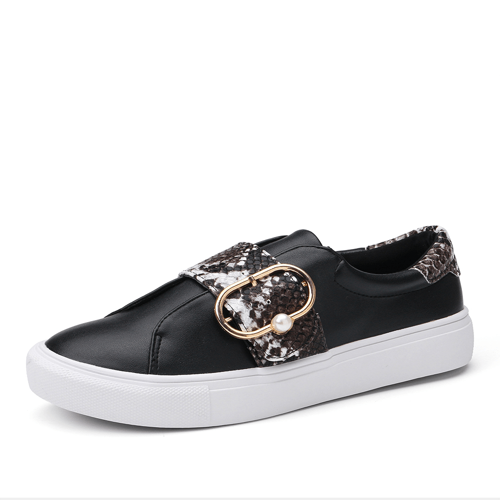 LOSTISY Women Metal Buckle Snake Print Comfy Casual Flats - MRSLM