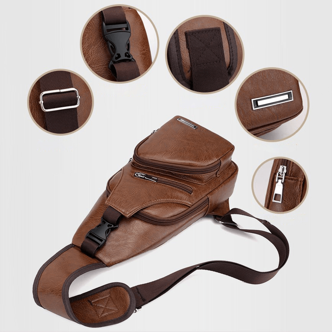 Casual Outdoor Travel USB Charging Port Sling Bag Leather Chest Bag Crossbody Bag